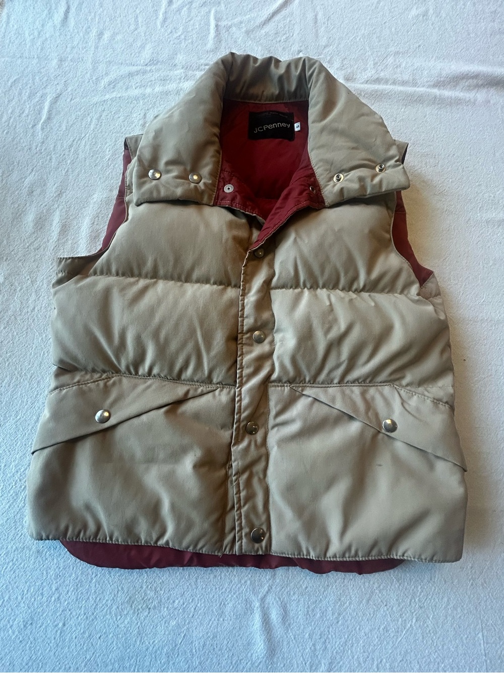 Vintage 70s JCPenney Down Puffer Vest Tan Red Retro Gorpcore Mens Size Small Goo